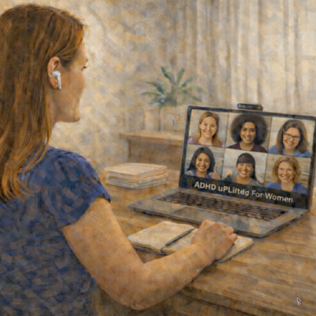 ADHD Life Coach with a Virtual ADHD uPLifted For Women virtual group on a computer