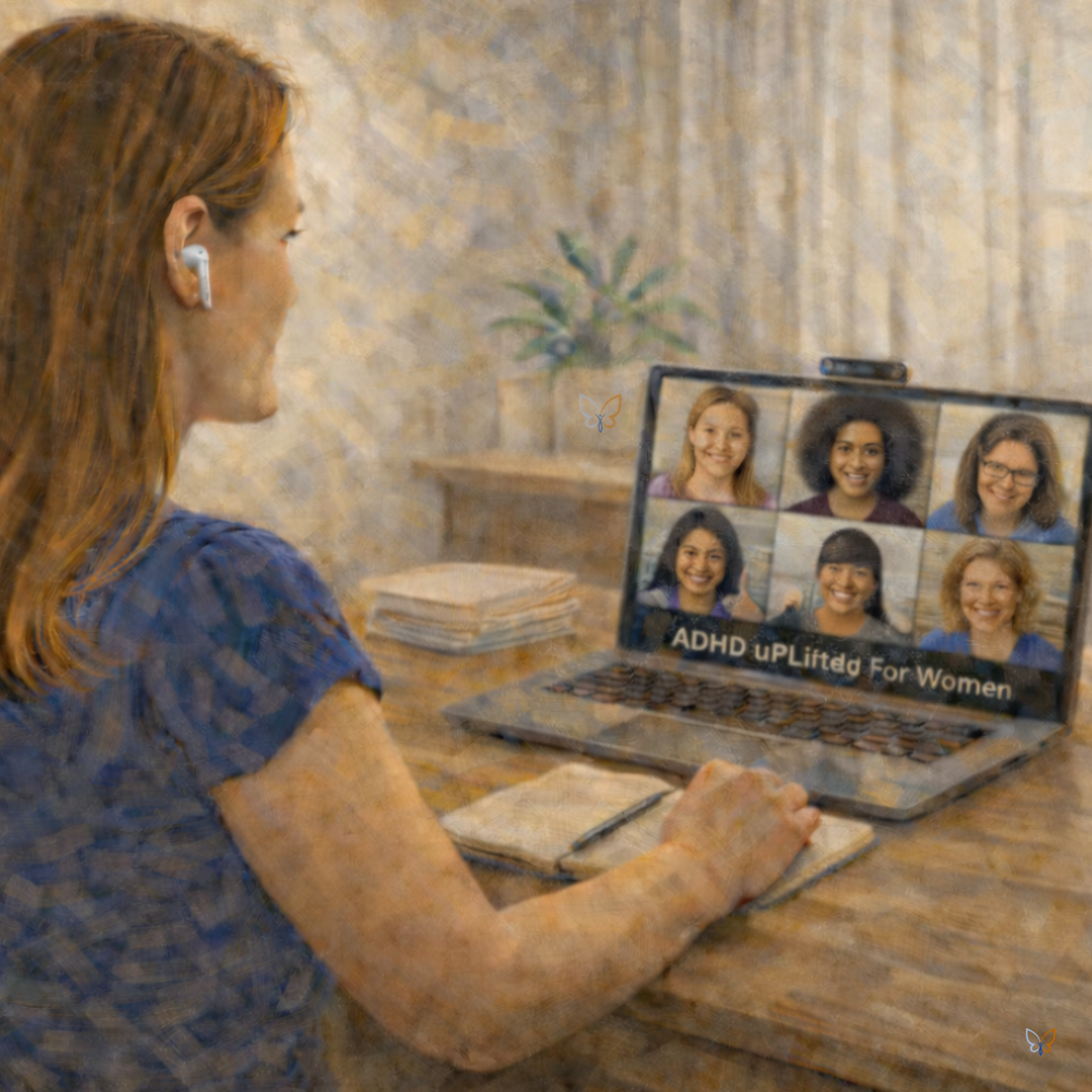 ADHD Life Coach with a Virtual ADHD uPLifted For Women virtual group on a computer