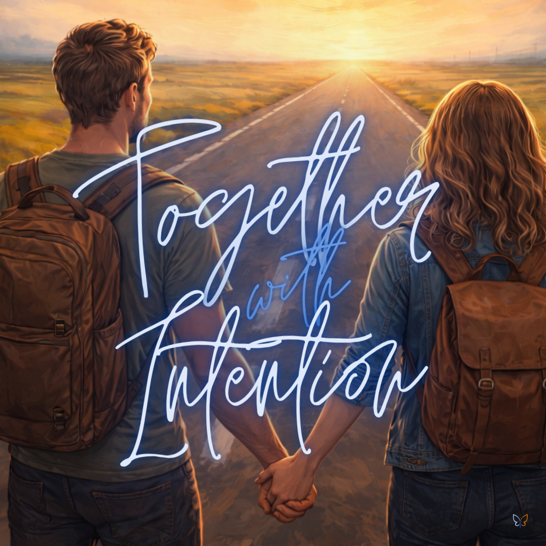 Man and woman holding hands with a sunset road ahead